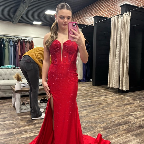 Red Strapless Sparkle Prom Dress with Thigh Slit
